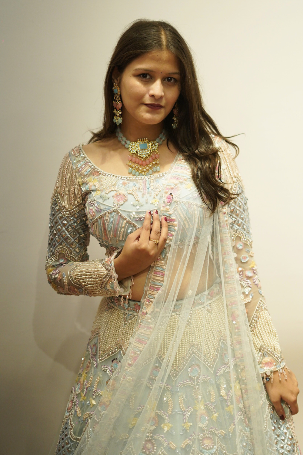 Light Pastel Blue Lehenga With Sequins Beads Pearl Thread Work Embellishment3