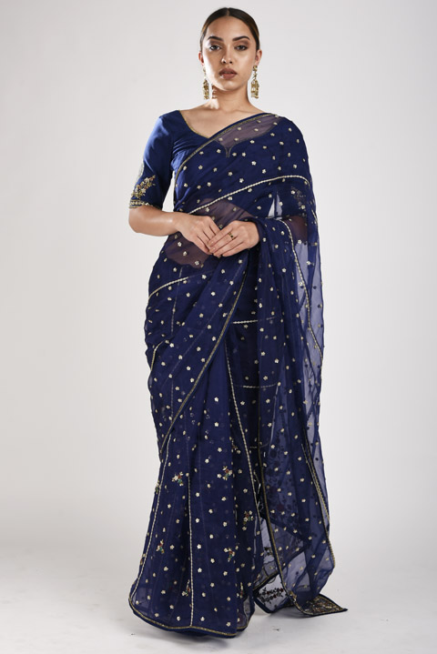 Blue Organza Saree Set