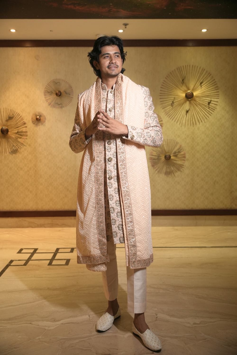 Peach- Beige Sherwani With Floral Thread Work Embellishment