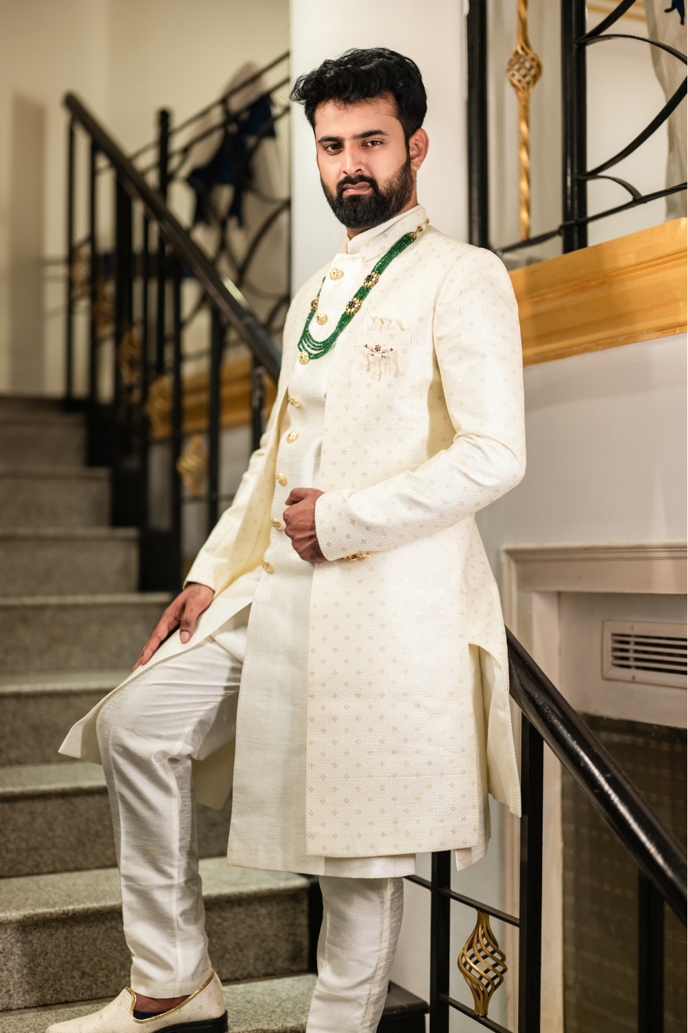 Ivory And Beige Sherwani With Golden Thread Work Embellishment1