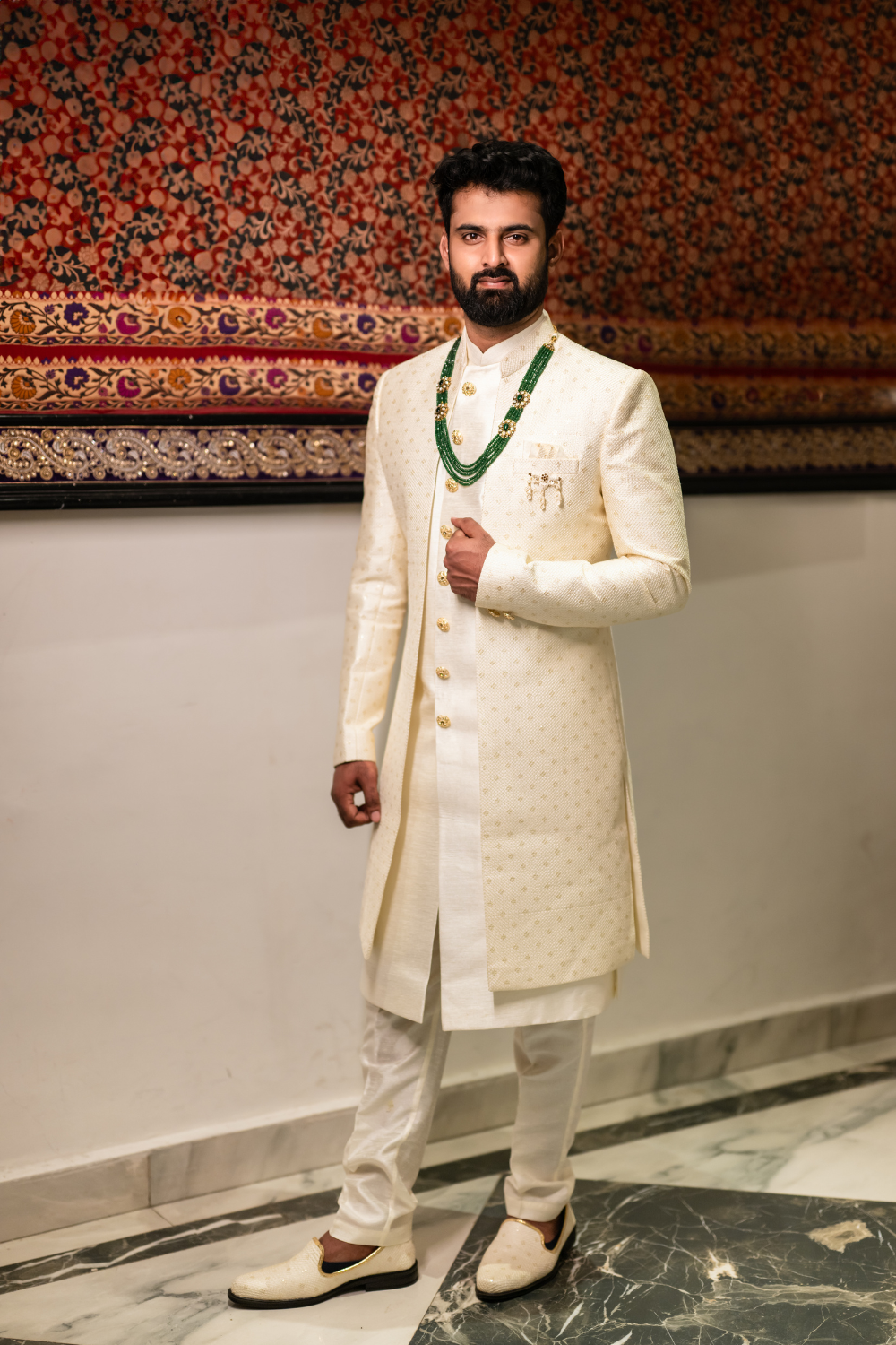 Ivory And Beige Sherwani With Golden Thread Work Embellishment