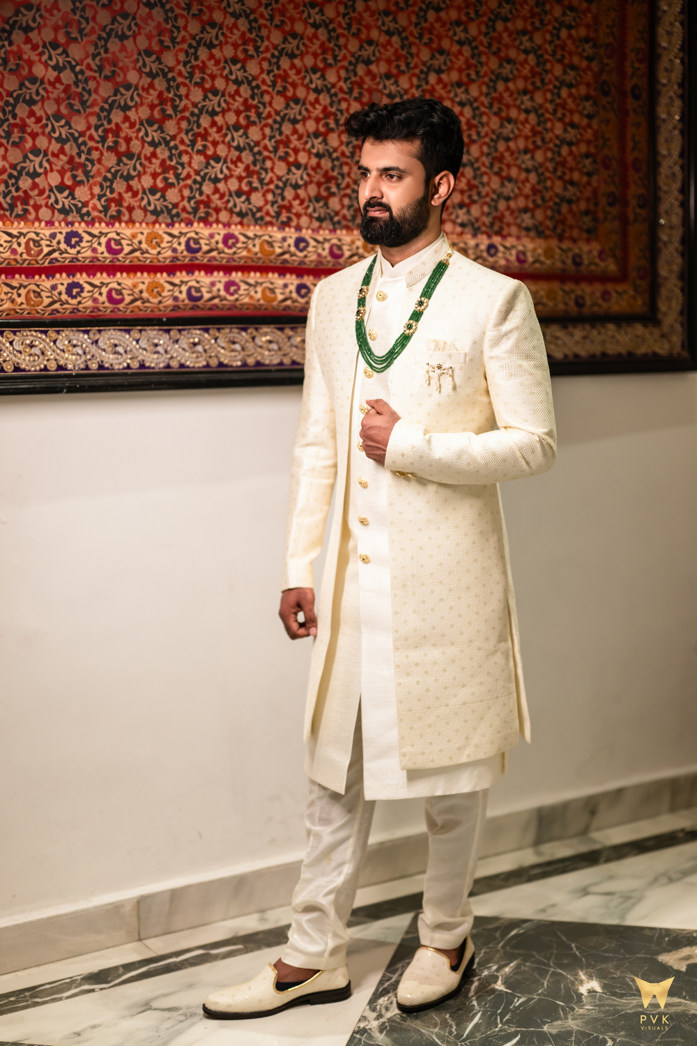 Ivory And Beige Sherwani With Golden Thread Work Embellishment3