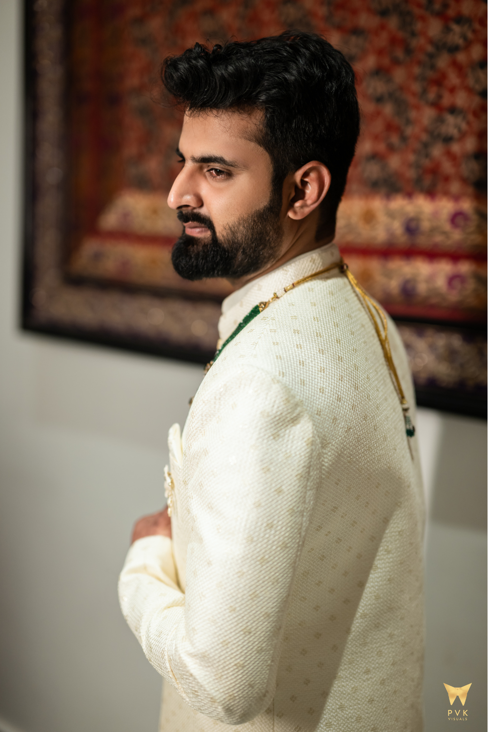 Ivory And Beige Sherwani With Golden Thread Work Embellishment4