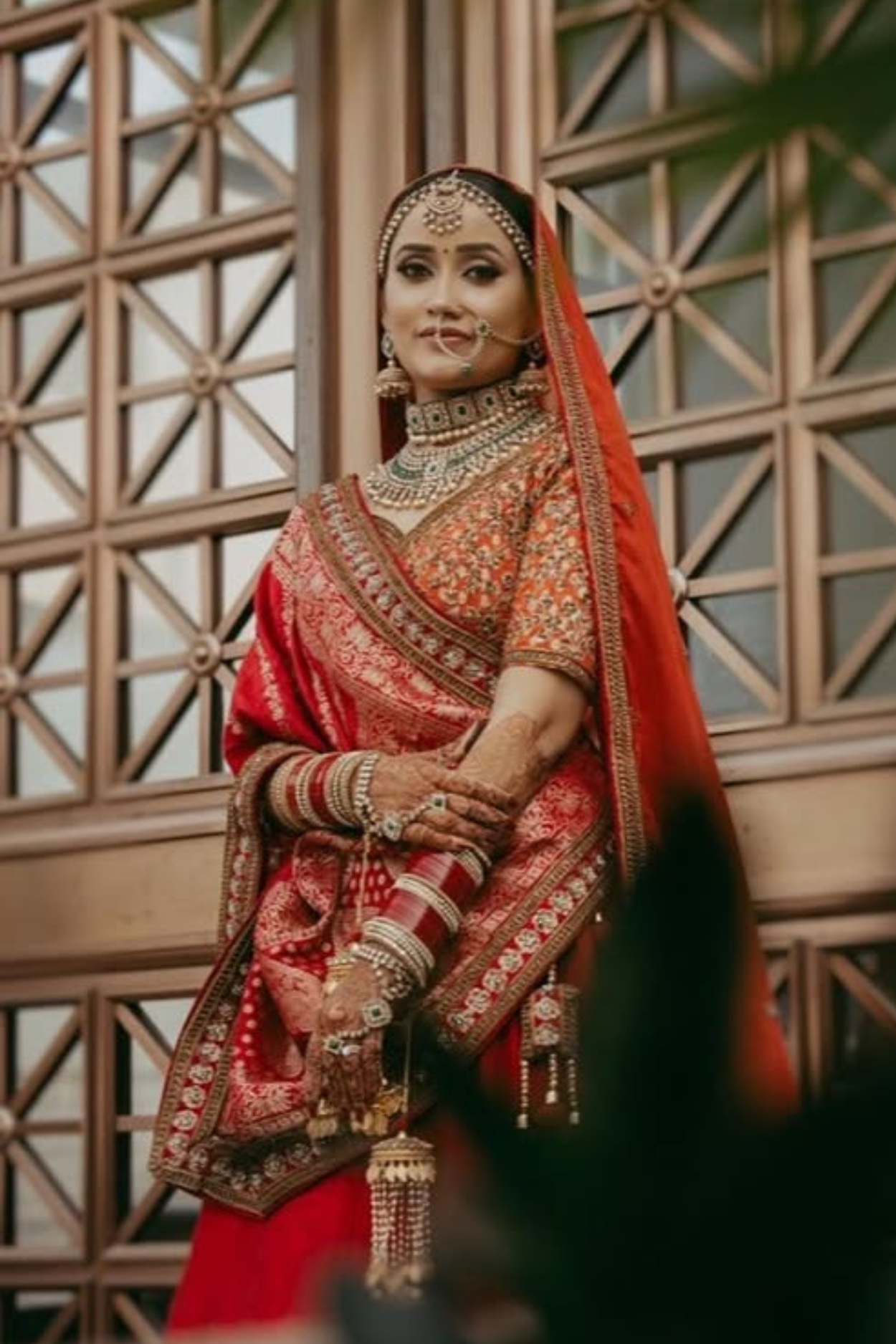 Cherry Red Bridal lehenga With Golden Zari Work Embellishment1