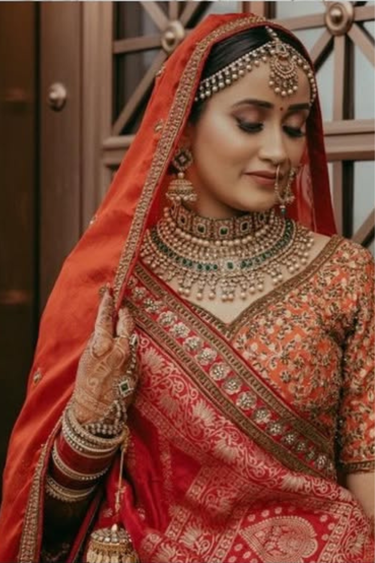 Cherry Red Bridal lehenga With Golden Zari Work Embellishment4