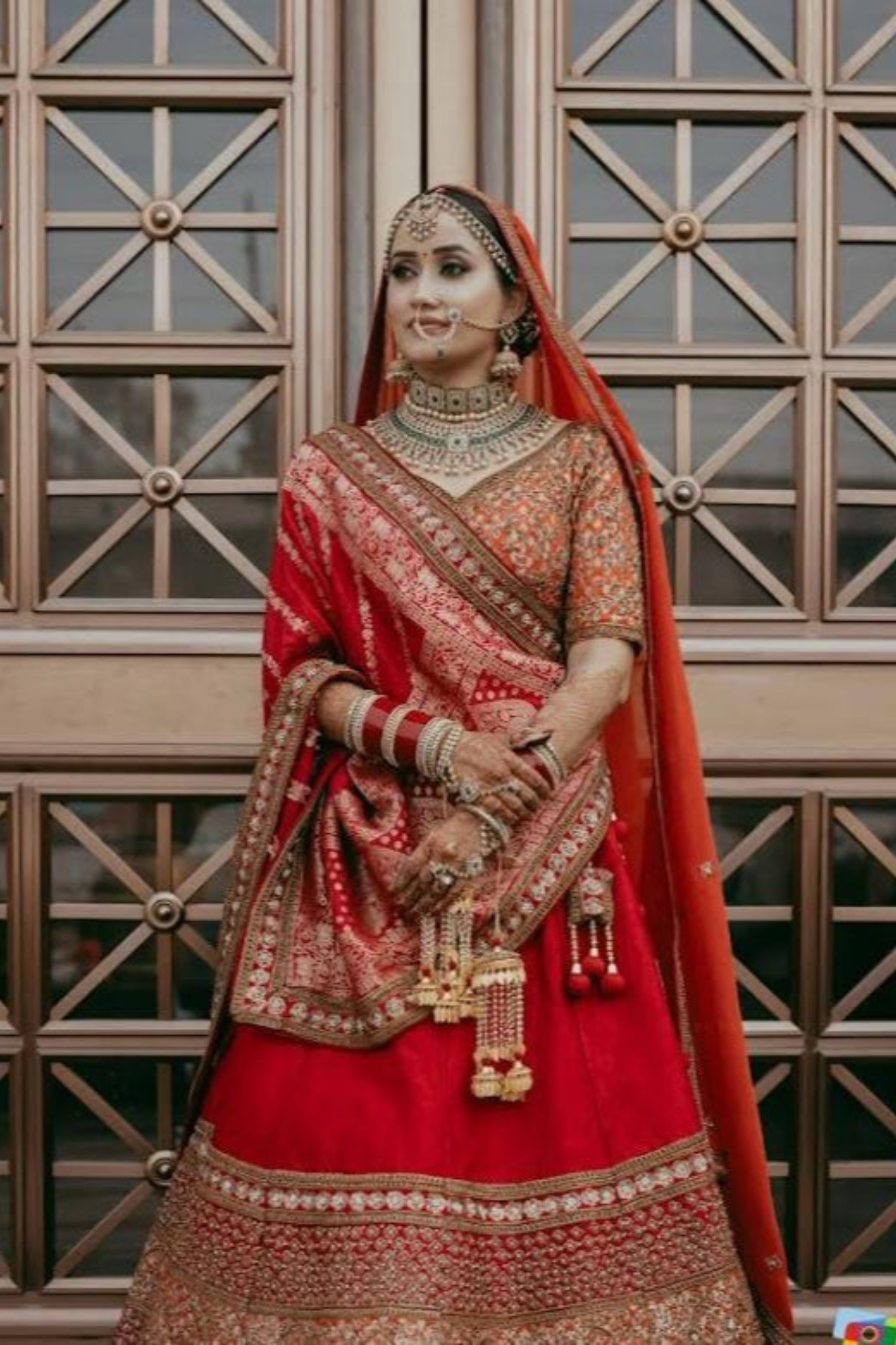 Cherry Red Bridal lehenga With Golden Zari Work Embellishment