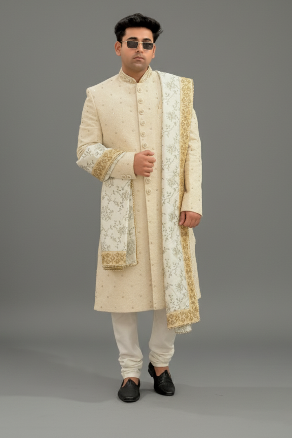 Cream Sherwani Set With Ivory And Golden Dupatta