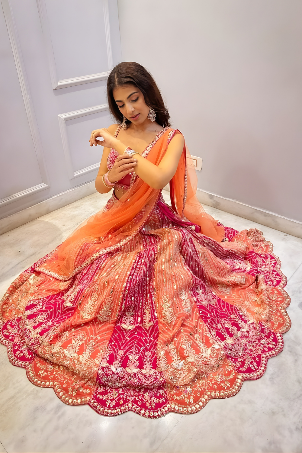 Pink and Orange Embroidered Lehenga4