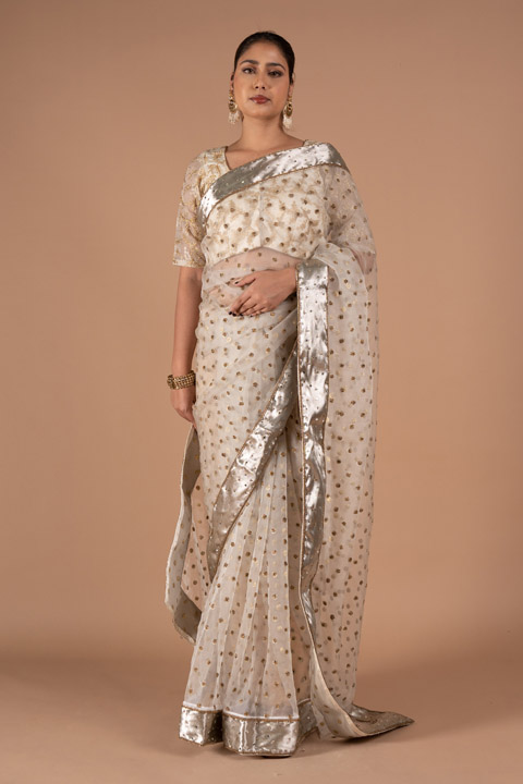 GREY ORGANZA SAREE AND BLOUSE