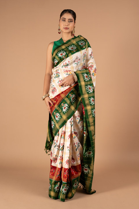 Ikkat Silk Off White Saree