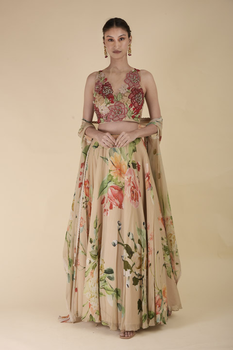 Beige Printed Lehenga