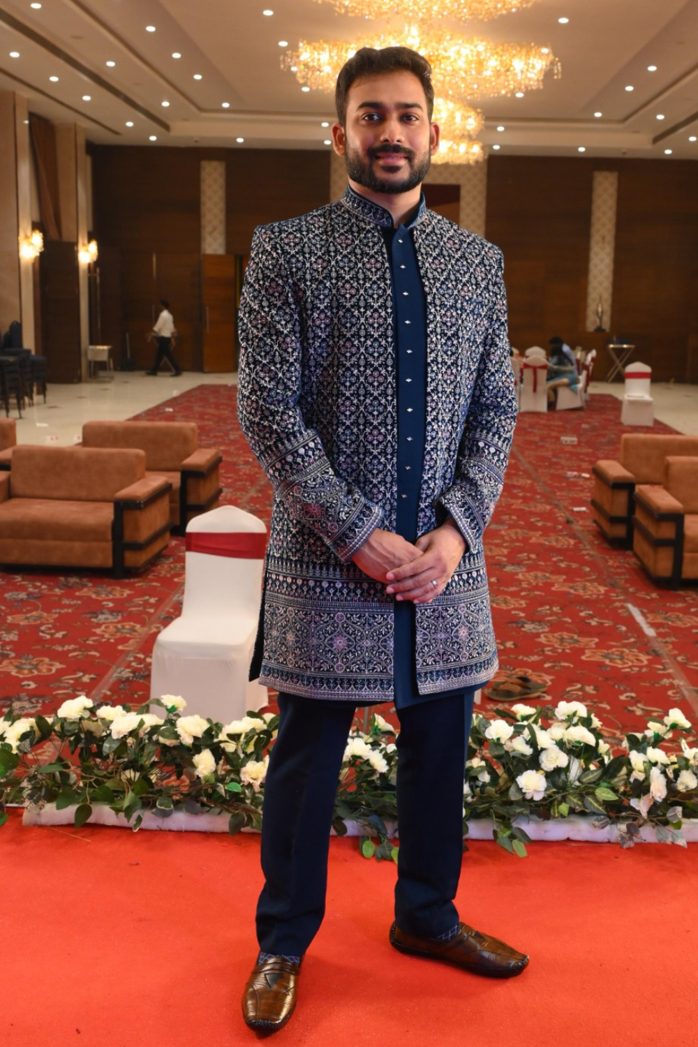 Teal Blue Indo Western Jacquard Sherwani Set1