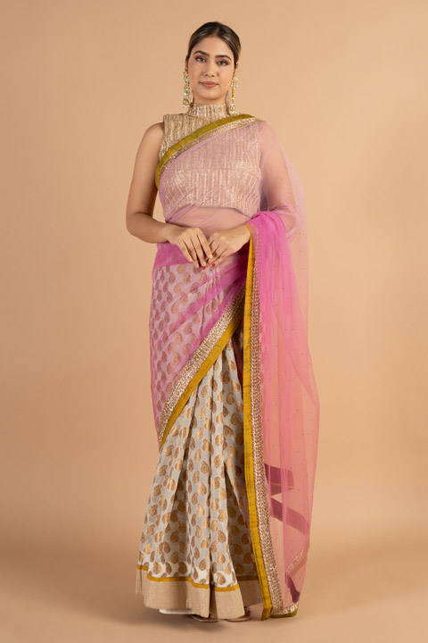 Beige and Pink Net Saree