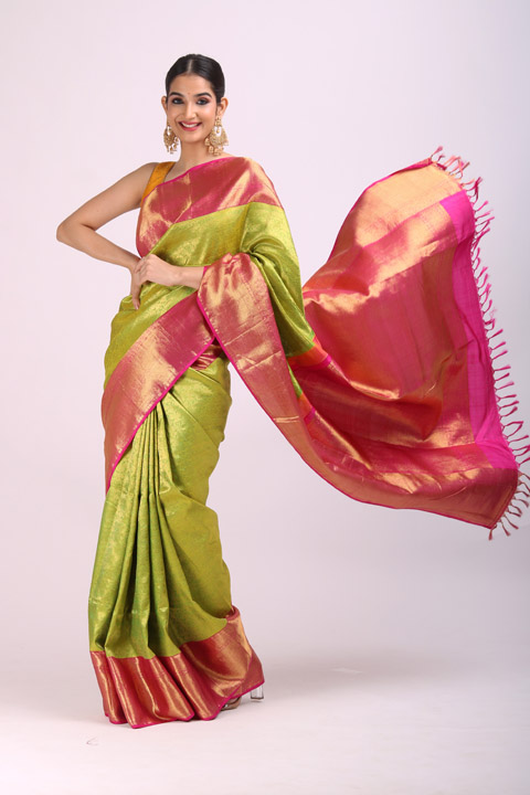 Green And Pink Silk Saree