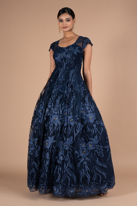 3D floral Blue Gown