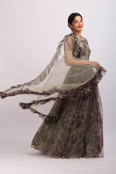 Green Net Printed Lehenga Set