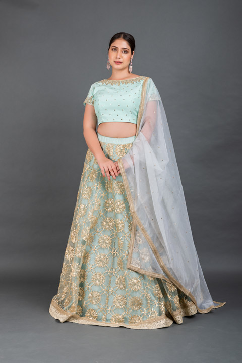 Green Dupion Silk Lehenga Set