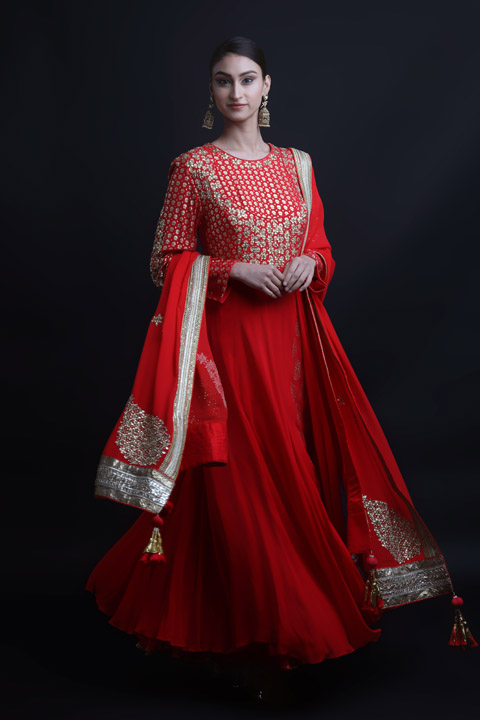 Krishna Red Silk Kalidhaar Set