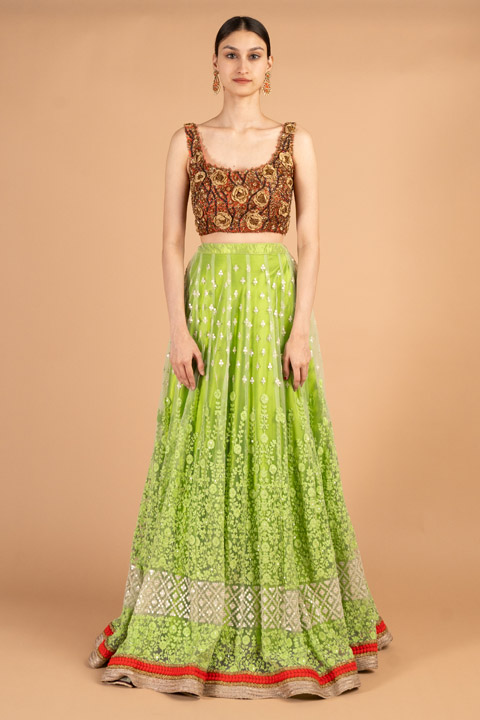Green Embroidered Lehenga