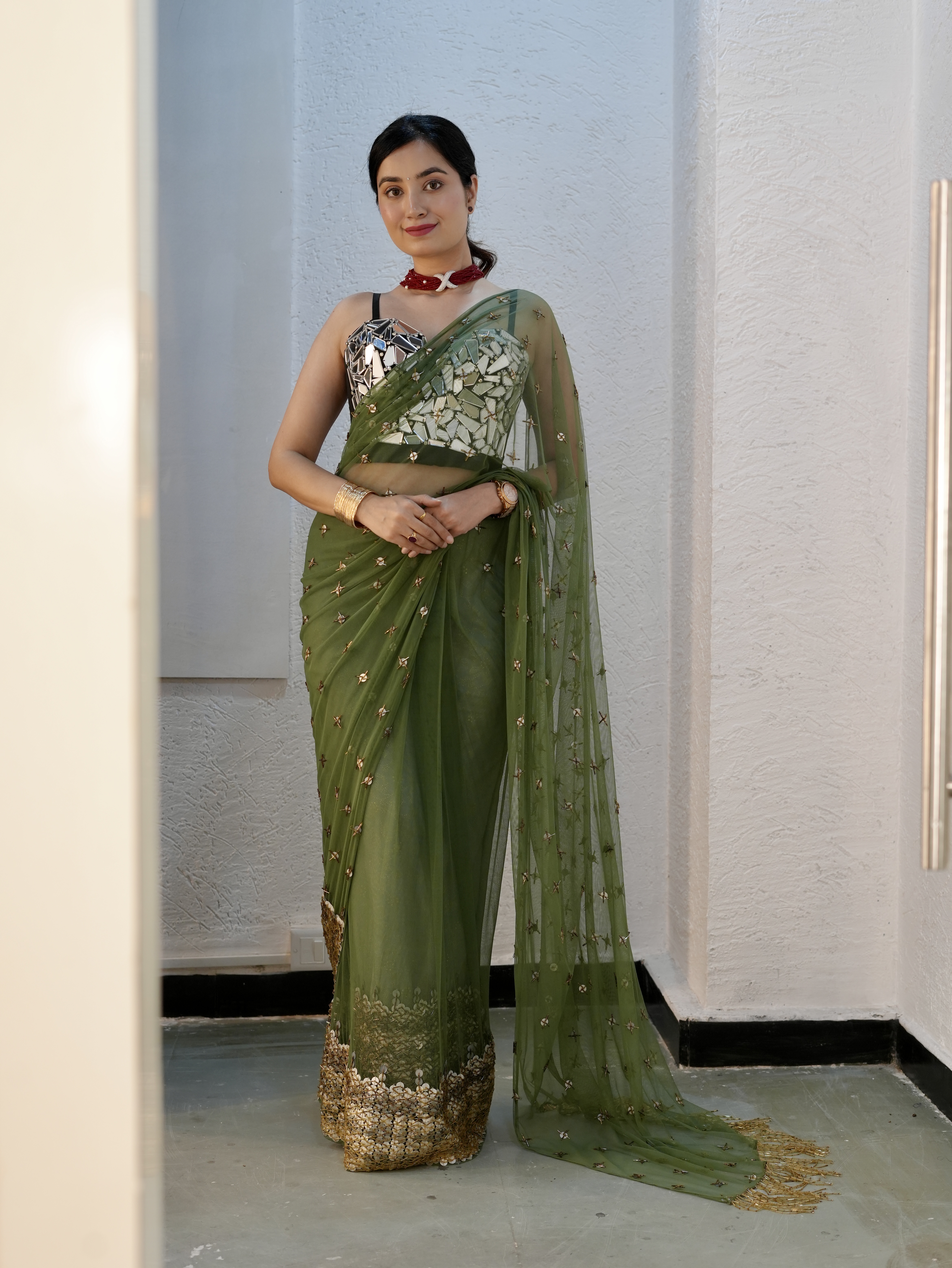 Green Saree With Mirror Work Blouse