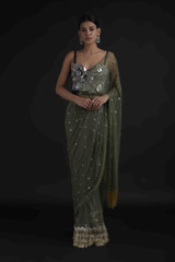Green Saree With Mirror Work Blouse_DTR8970