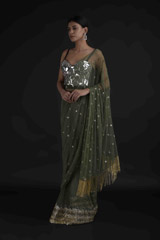 Green Saree With Mirror Work Blouse_DTR8971