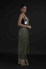 Green Saree With Mirror Work Blouse_DTR8973