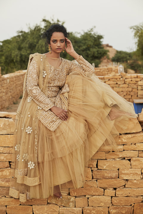 Beige Jaal Work Kurta Skirt and Belt Set