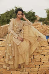 Beige Jaal Work Kurta Skirt and Belt Set