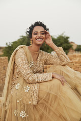 Beige Jaal Work Kurta Skirt and Belt Set