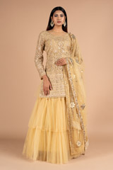 Beige Jaal Work Kurta Skirt and Belt SetDSC06693