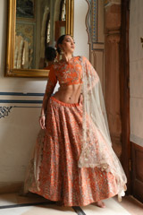 Orange  Embroidered  Lehenga  Set