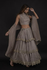 Grey Symmetrical Tiered Lehenga_DTR0483
