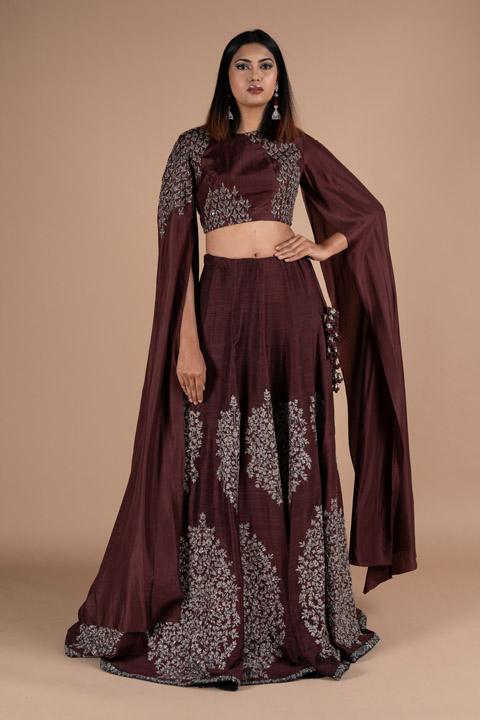 Maroon Skirt with Cape Blouse