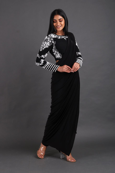 Black Embellished Saree Gown