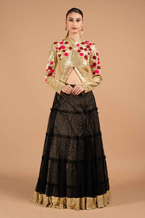 Gold And Black Lehenga With Jacket