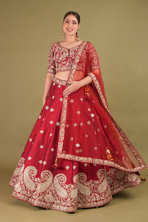 Red Raw Silk Bridal Lehenga