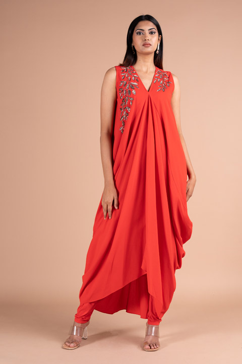 Grape Leaf Draped Red Gown