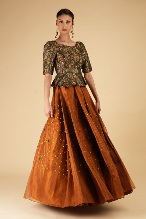 Brown Embellished Top Bottom Set