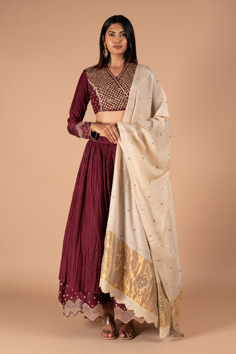Maroon Cream Silk Lehenga