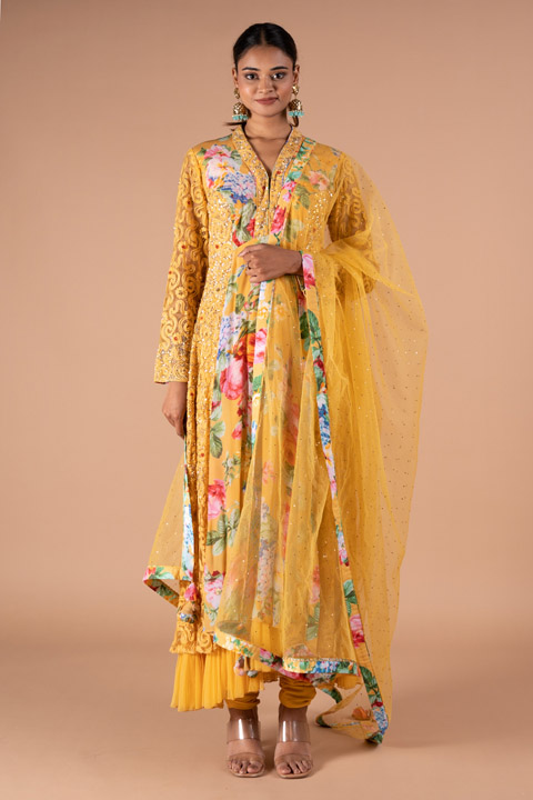 Yellow Crepe Vintage Rose Anarakli Set