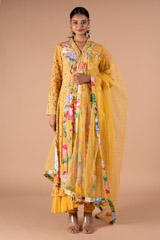 Yellow Crepe Vintage Rose Anarakli Set