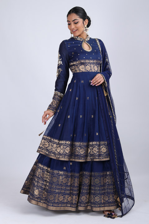 Indigo Chanderi Embroidered Lehenga