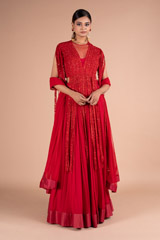 Red Fringe Sleeve Lehenga