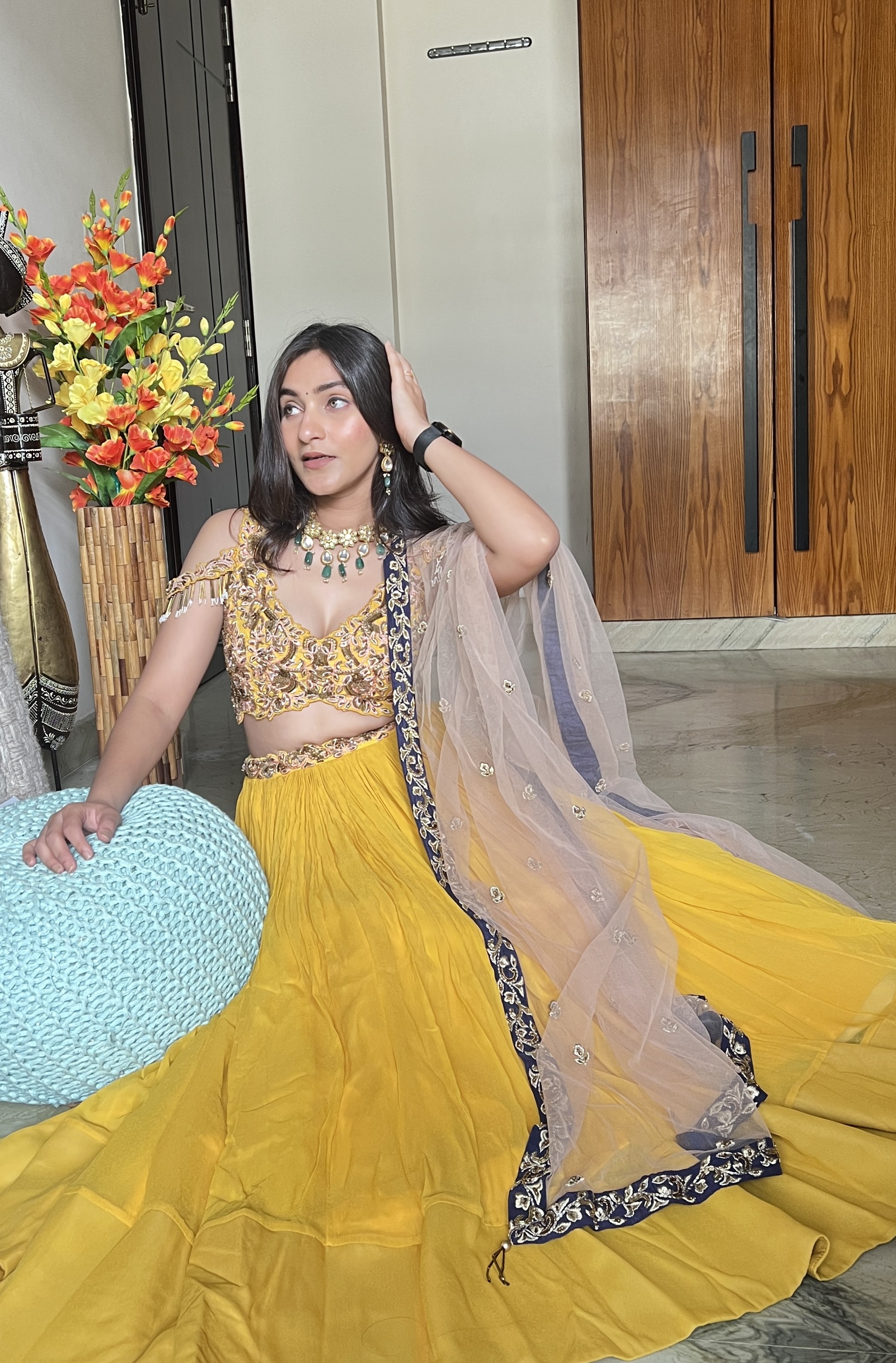 Mustard Floral Embroidered Lehenga