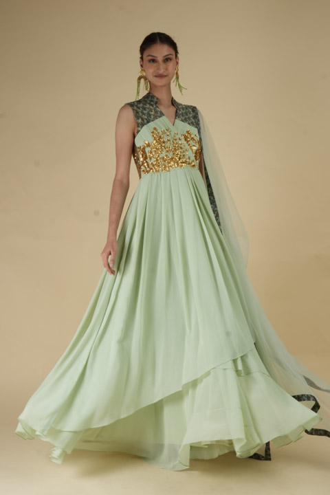 Mint Green V Neck Anarkali