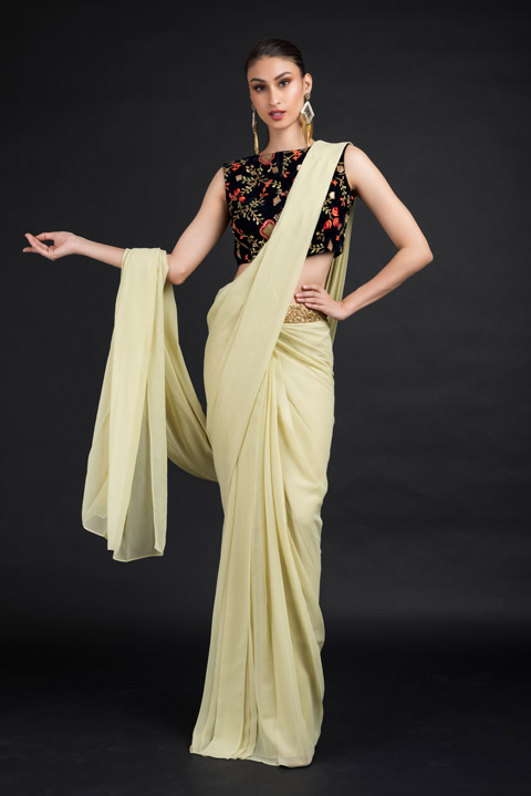 Beige Embroidered Saree Gown