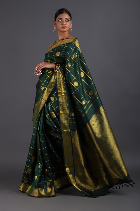 Green Silk Checkered Saree