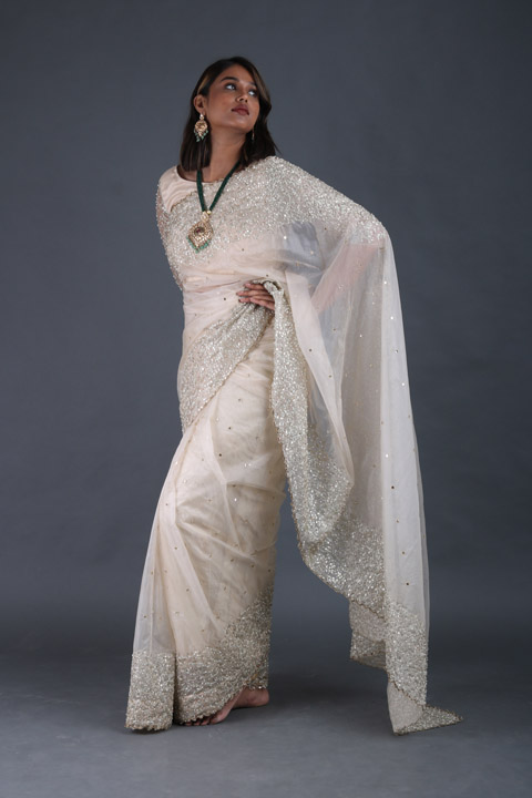 Cream Embellished Saree