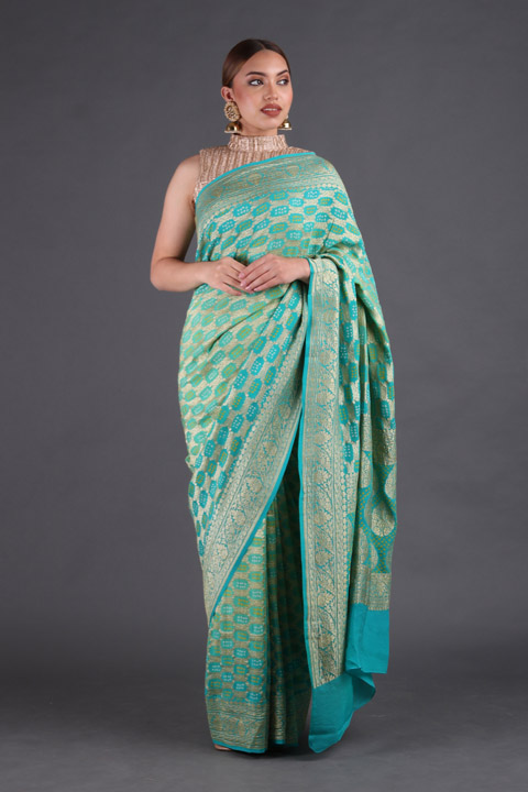 Teal Bandhej Silk Saree